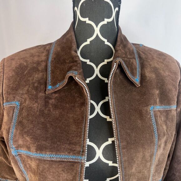 Lucid LTD Brown 100% Pig Split Leather Full Zip Embroidered Jacket Size Medium - Picture 3 of 13